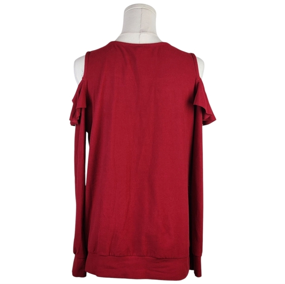 Tickled Teal Red Cold Shoulder Ruffle Top Long Sleeve Stretch Blouse Size M - Picture 4 of 7